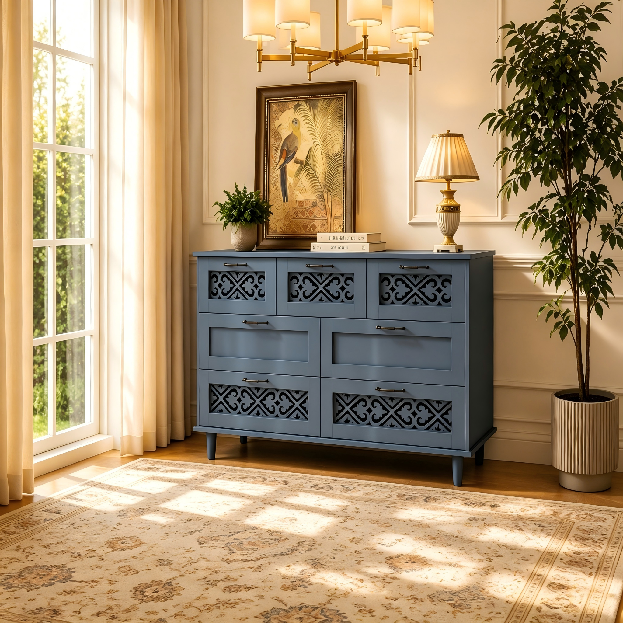 Commode horizontale à 7 tiroirs de style rétro avec panneau de tiroirs sculpté