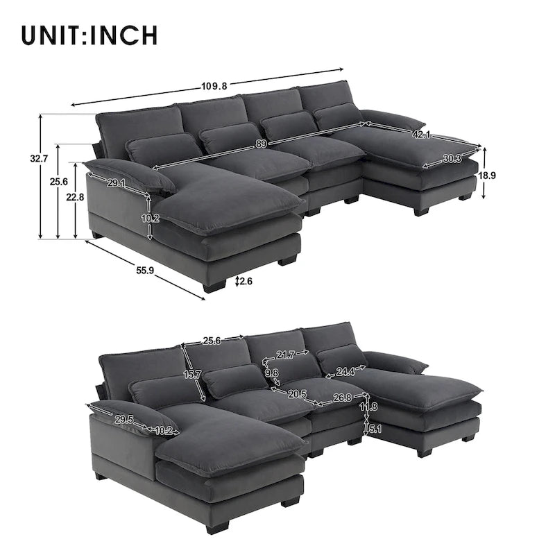 Canapé sectionnel convertible en U modulaire 6 places, rembourré et moderne