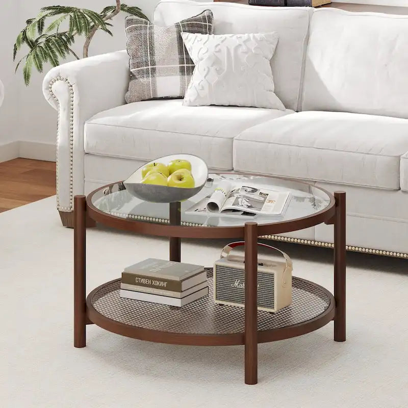 Table basse ronde en bois avec plateau en verre trempé fait main