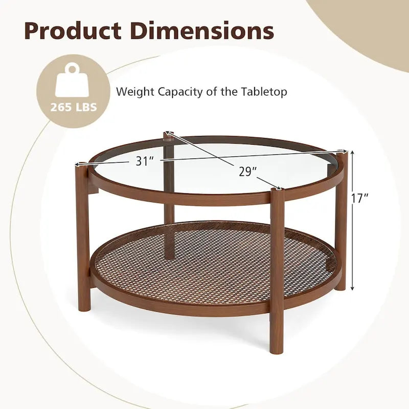 Table basse ronde en bois avec plateau en verre trempé fait main
