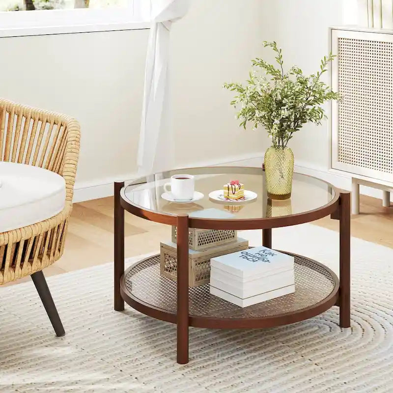 Table basse ronde en bois avec plateau en verre trempé fait main