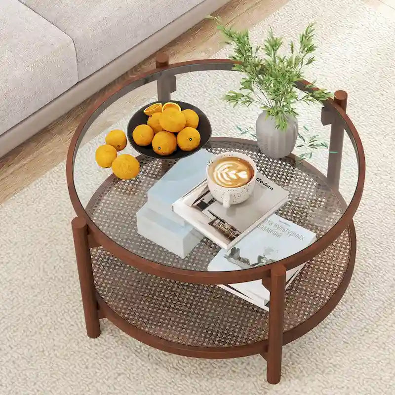 Table basse ronde en bois avec plateau en verre trempé fait main