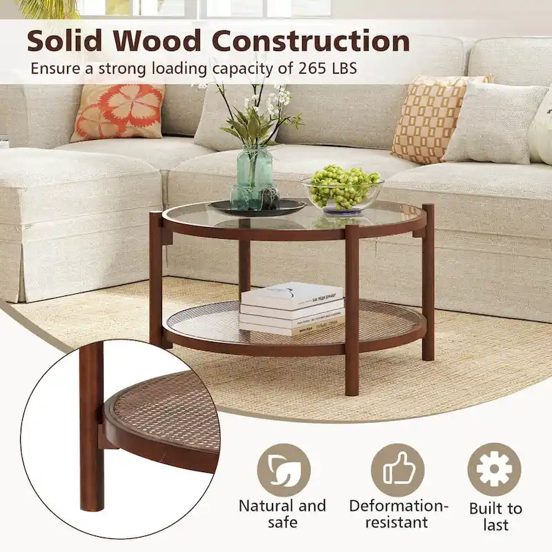 Table basse ronde en bois avec plateau en verre trempé fait main