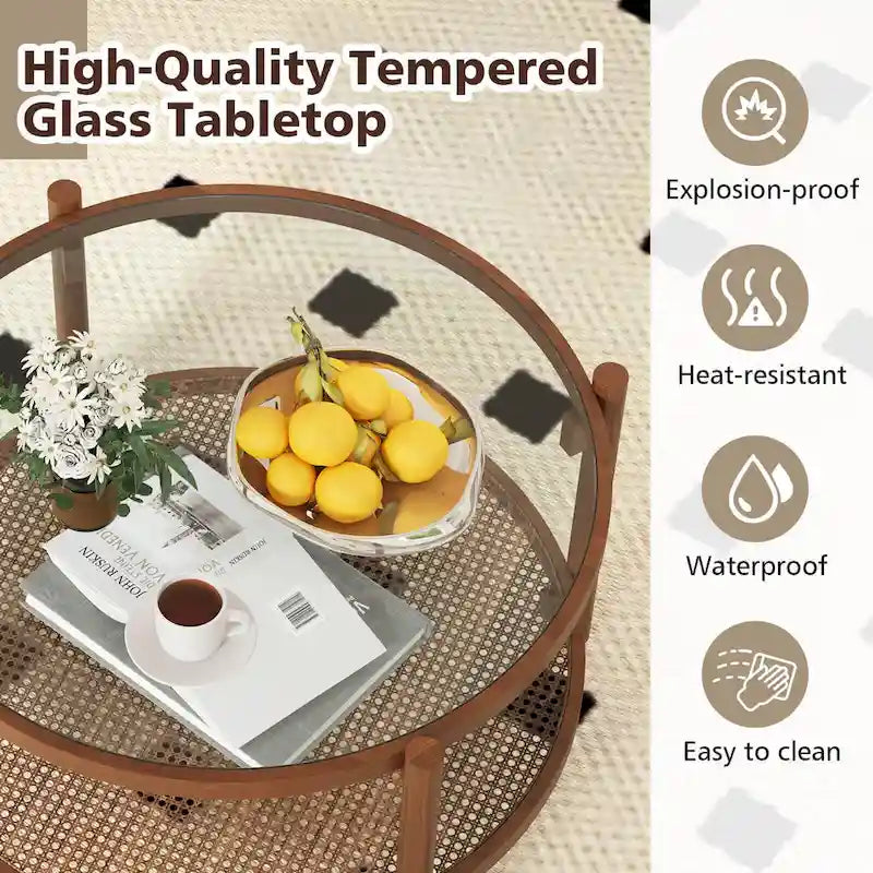 Table basse ronde en bois avec plateau en verre trempé fait main