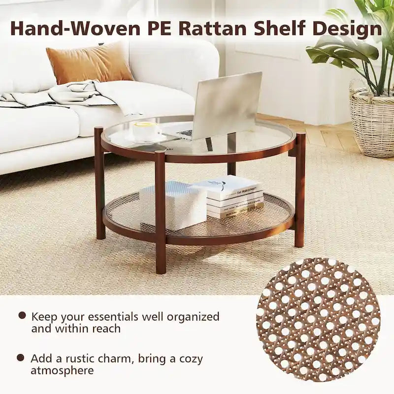Table basse ronde en bois avec plateau en verre trempé fait main