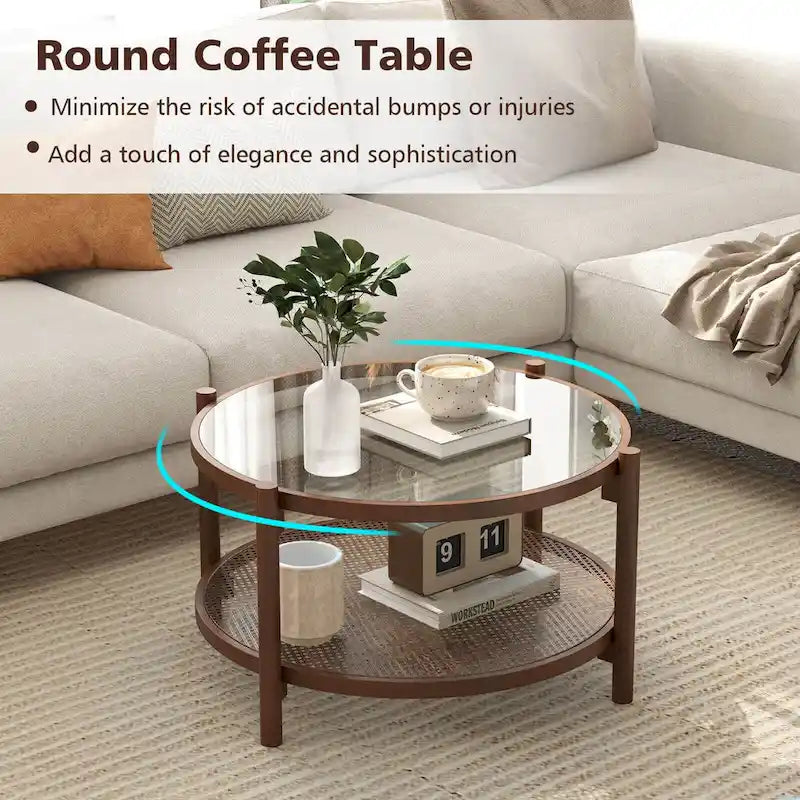 Table basse ronde en bois avec plateau en verre trempé fait main