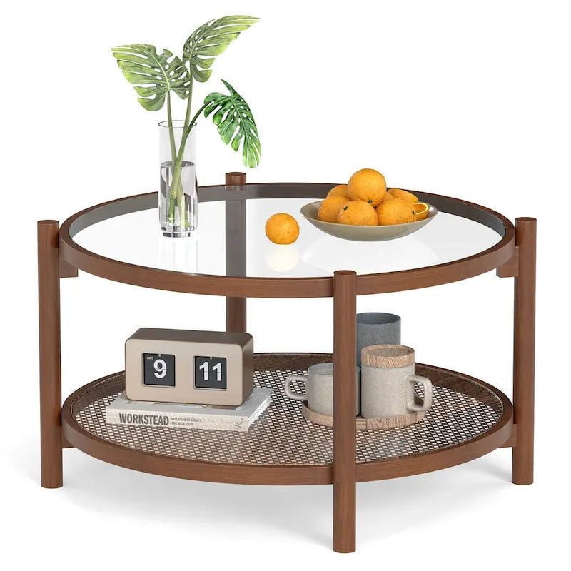 Table basse ronde en bois avec plateau en verre trempé fait main
