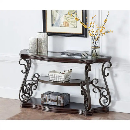 Dark Brown Glass Tabletop Entryway Sofa Table with Shelf
