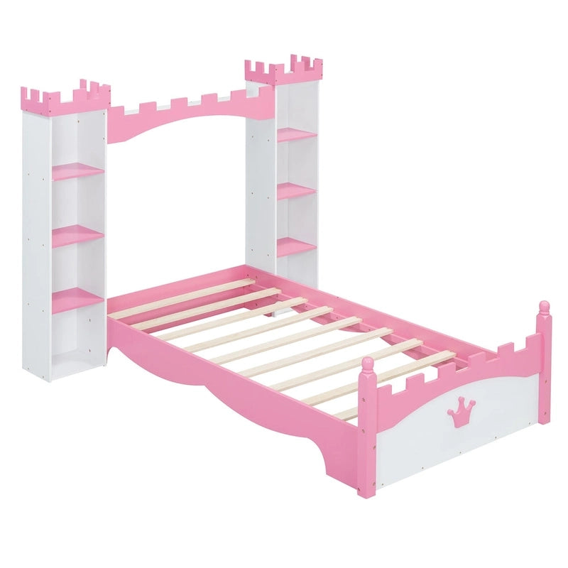 Lit plateforme en bois en forme de château avec étagère de rangement