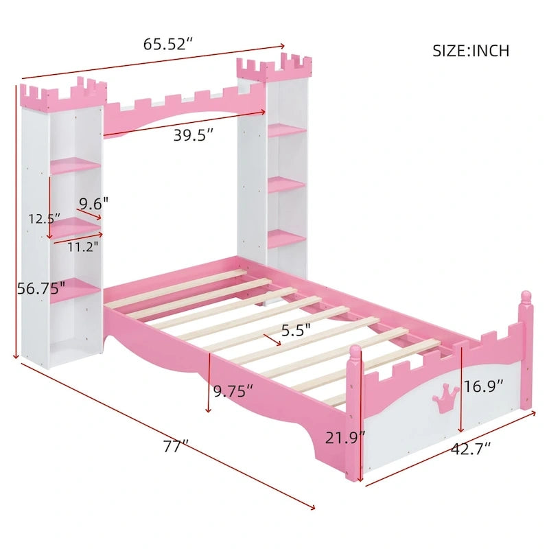 Lit plateforme en bois en forme de château avec étagère de rangement