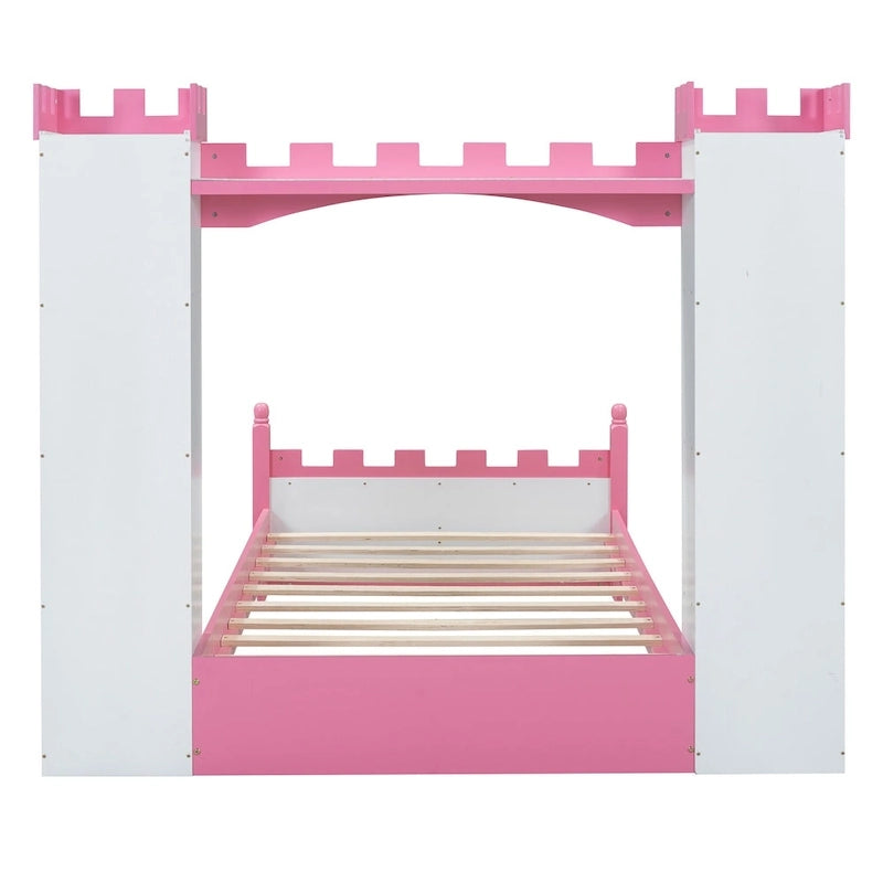 Lit plateforme en bois en forme de château avec étagère de rangement