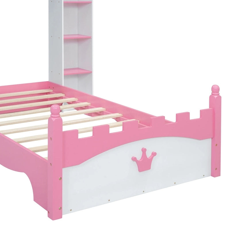 Lit plateforme en bois en forme de château avec étagère de rangement