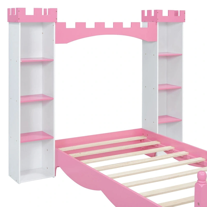 Lit plateforme en bois en forme de château avec étagère de rangement