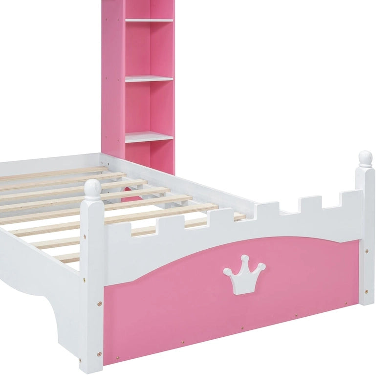 Lit plateforme en bois en forme de château avec étagère de rangement