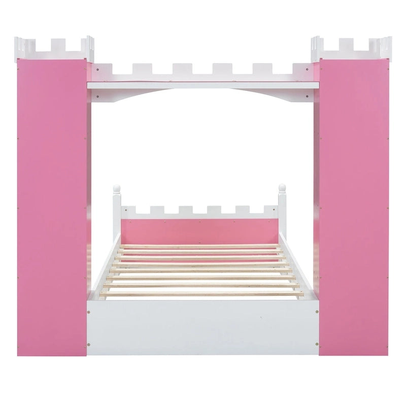 Lit plateforme en bois en forme de château avec étagère de rangement