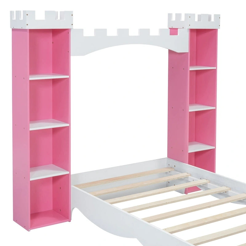 Lit plateforme en bois en forme de château avec étagère de rangement