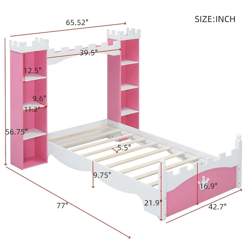 Lit plateforme en bois en forme de château avec étagère de rangement