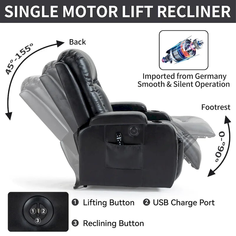Fauteuil inclinable releveur avec massage par vibrations et chauffage lombaire