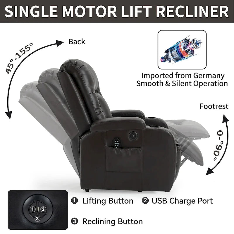 Fauteuil inclinable releveur avec massage par vibrations et chauffage lombaire