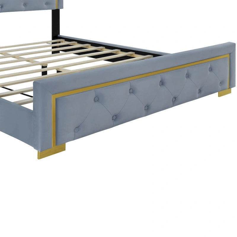 Lit plateforme rembourré avec tête de lit capitonnée et cadre en métal