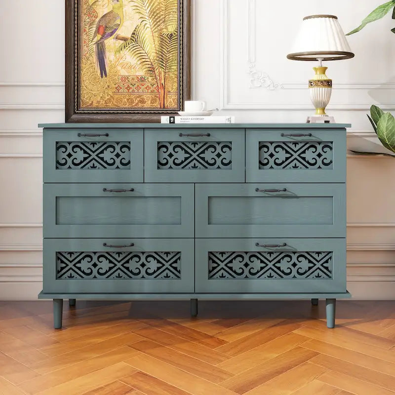 Commode horizontale à 7 tiroirs de style rétro avec panneau de tiroirs sculpté