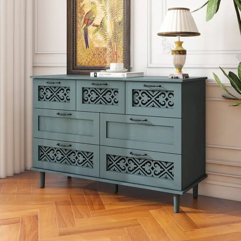 Commode horizontale à 7 tiroirs de style rétro avec panneau de tiroirs sculpté