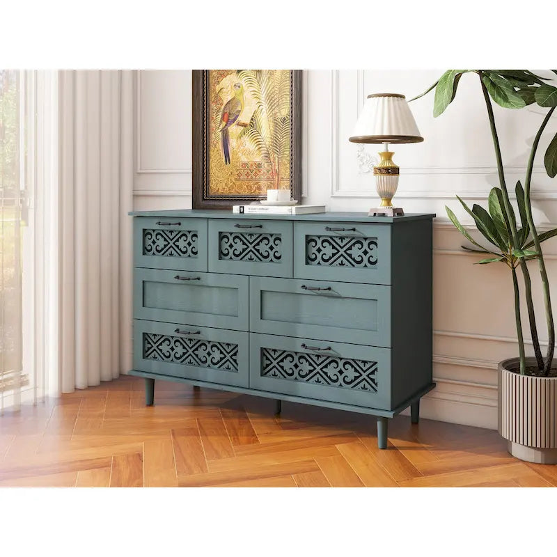 Commode horizontale à 7 tiroirs de style rétro avec panneau de tiroirs sculpté