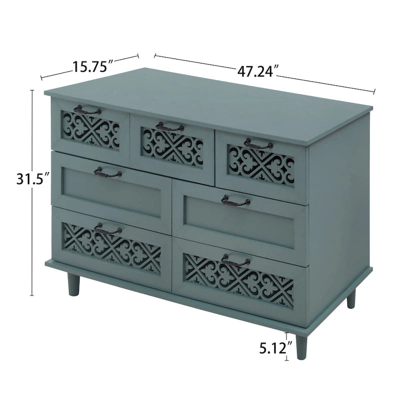 Commode horizontale à 7 tiroirs de style rétro avec panneau de tiroirs sculpté