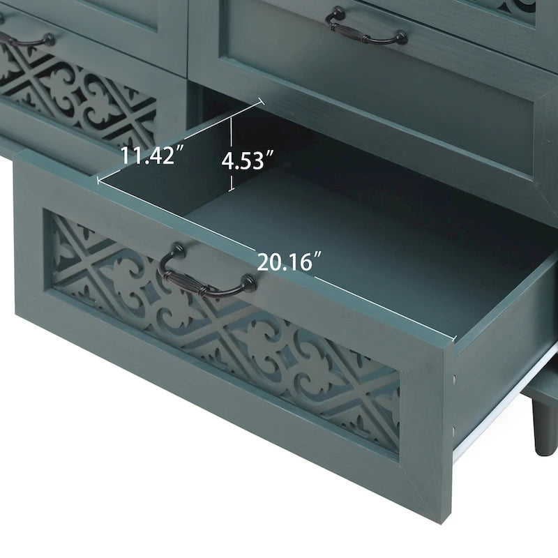 Commode horizontale à 7 tiroirs de style rétro avec panneau de tiroirs sculpté