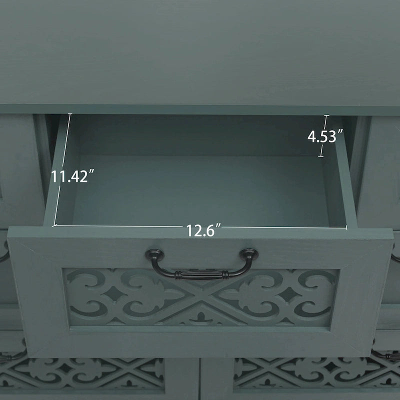 Commode horizontale à 7 tiroirs de style rétro avec panneau de tiroirs sculpté