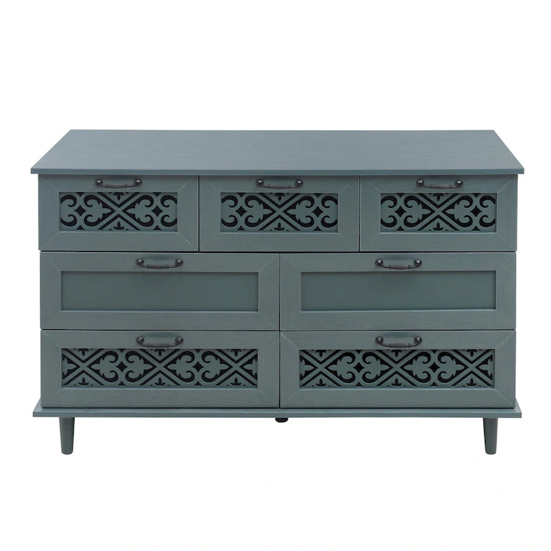 Commode horizontale à 7 tiroirs de style rétro avec panneau de tiroirs sculpté