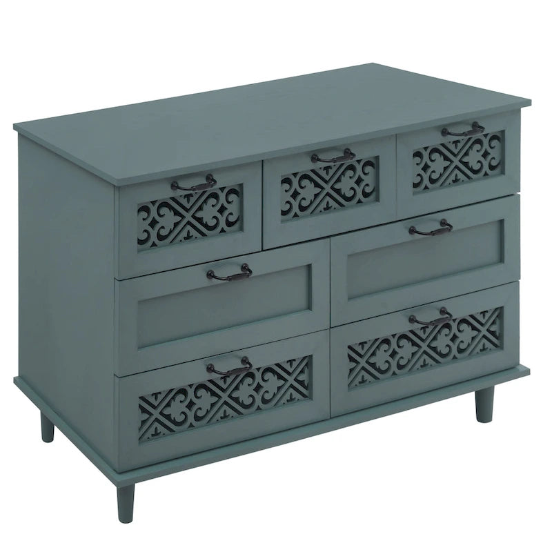 Commode horizontale à 7 tiroirs de style rétro avec panneau de tiroirs sculpté