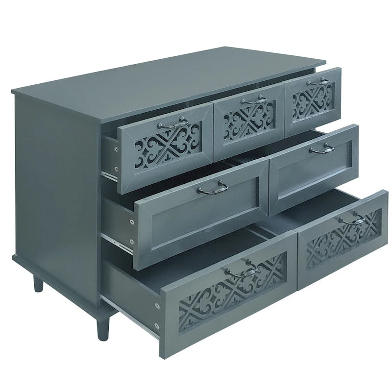 Commode horizontale à 7 tiroirs de style rétro avec panneau de tiroirs sculpté
