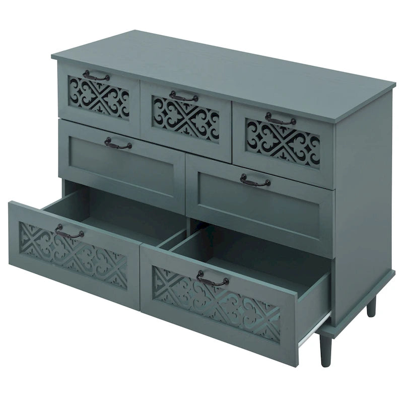 Commode horizontale à 7 tiroirs de style rétro avec panneau de tiroirs sculpté