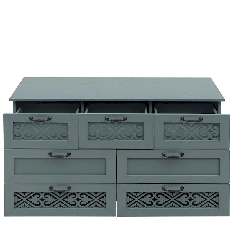Commode horizontale à 7 tiroirs de style rétro avec panneau de tiroirs sculpté