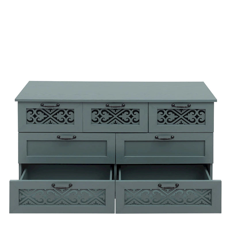 Commode horizontale à 7 tiroirs de style rétro avec panneau de tiroirs sculpté