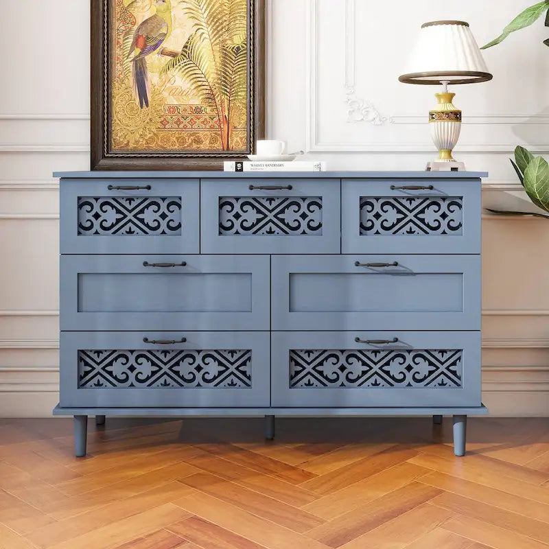 Commode horizontale à 7 tiroirs de style rétro avec panneau de tiroirs sculpté