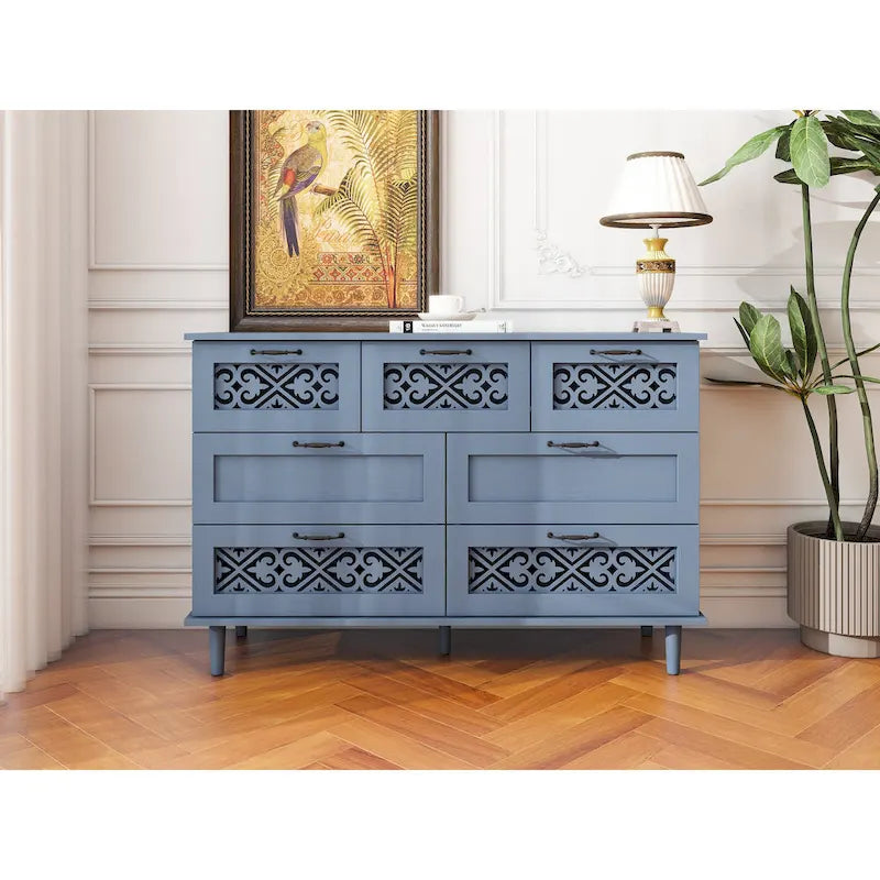 Commode horizontale à 7 tiroirs de style rétro avec panneau de tiroirs sculpté
