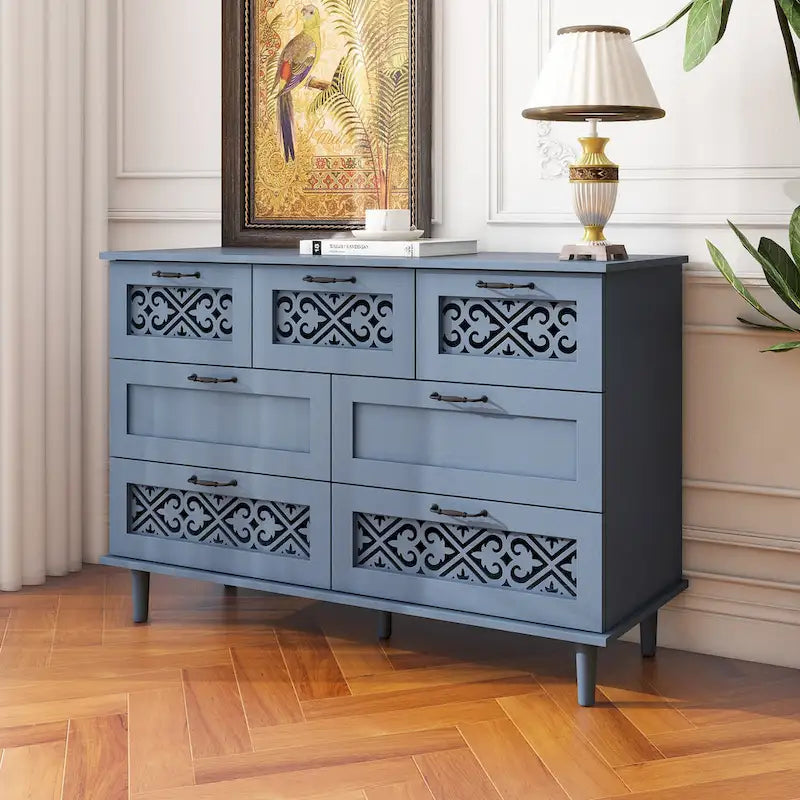 Commode horizontale à 7 tiroirs de style rétro avec panneau de tiroirs sculpté