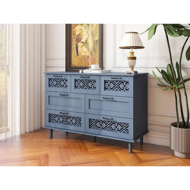 Commode horizontale à 7 tiroirs de style rétro avec panneau de tiroirs sculpté