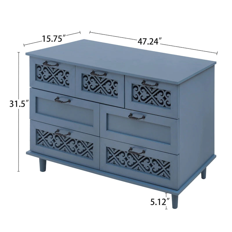 Commode horizontale à 7 tiroirs de style rétro avec panneau de tiroirs sculpté