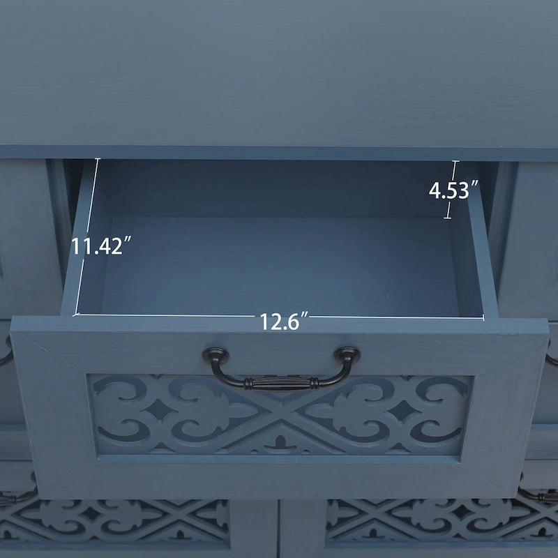 Commode horizontale à 7 tiroirs de style rétro avec panneau de tiroirs sculpté