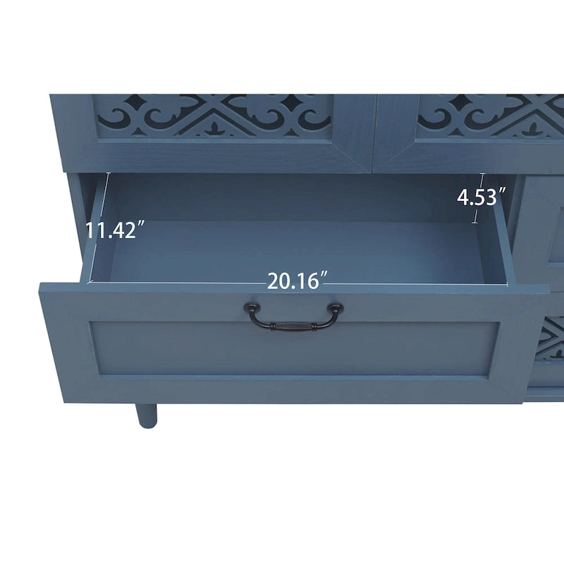 Commode horizontale à 7 tiroirs de style rétro avec panneau de tiroirs sculpté
