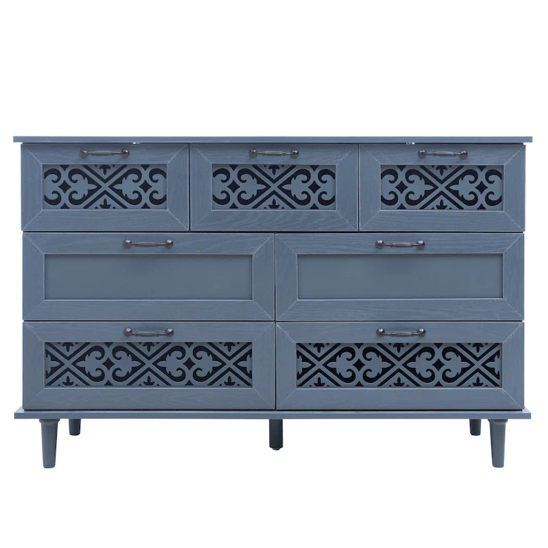 Commode horizontale à 7 tiroirs de style rétro avec panneau de tiroirs sculpté