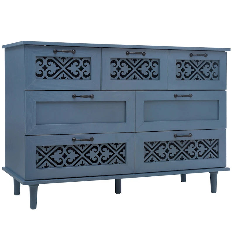 Commode horizontale à 7 tiroirs de style rétro avec panneau de tiroirs sculpté