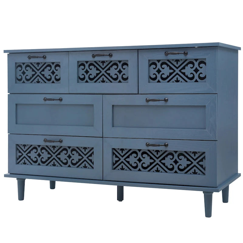Commode horizontale à 7 tiroirs de style rétro avec panneau de tiroirs sculpté