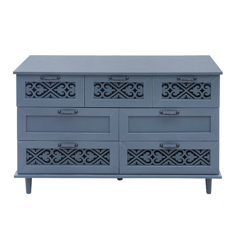 Commode horizontale à 7 tiroirs de style rétro avec panneau de tiroirs sculpté