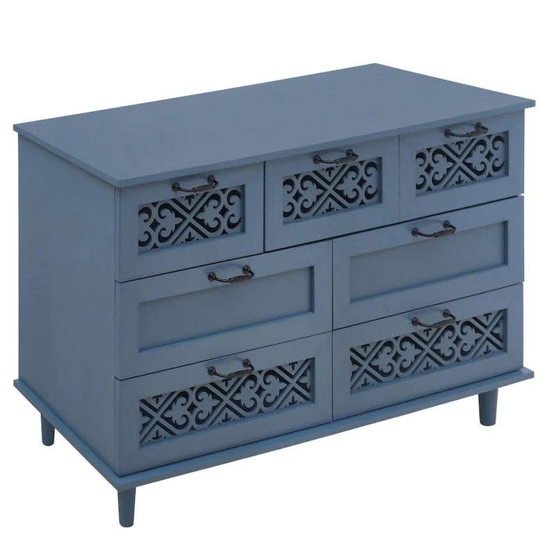 Commode horizontale à 7 tiroirs de style rétro avec panneau de tiroirs sculpté