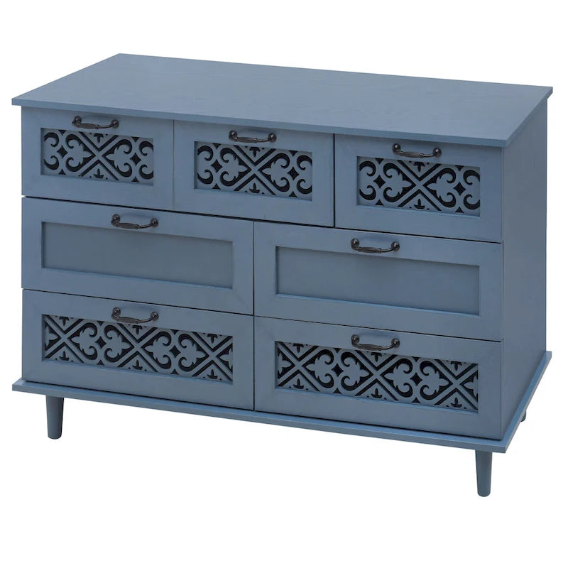 Commode horizontale à 7 tiroirs de style rétro avec panneau de tiroirs sculpté
