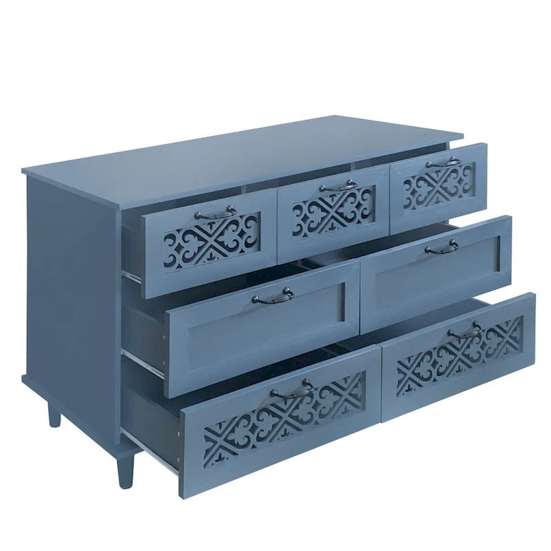 Commode horizontale à 7 tiroirs de style rétro avec panneau de tiroirs sculpté